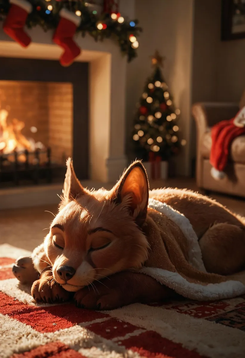 A cute furry creature sleeping by a fireplace in a cozy winter interior, surrounded by Christmas decorations.