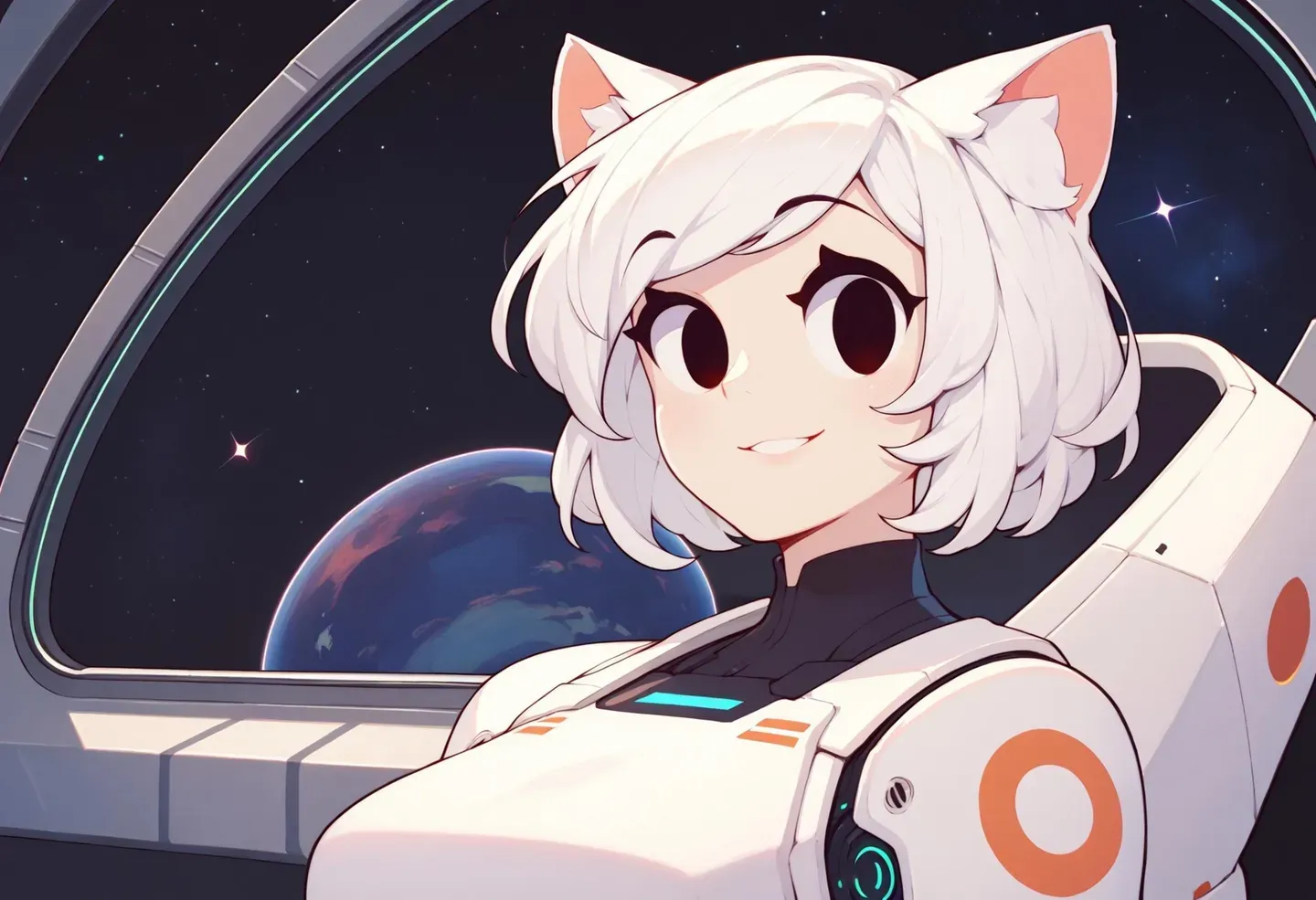 宇宙スーツを着た猫耳と白髪の少女が未来の宇宙ステーションにいる。