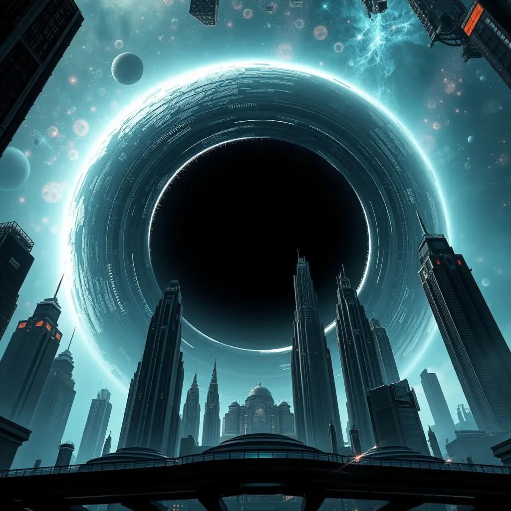 Wide view of a futuristic city on a sci-fi planet with monumental skyscrapers and a dark, sentient black hole consuming celestial bodies in the sky.