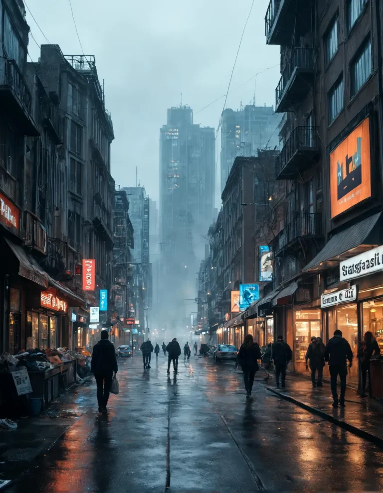 Dark futuristic city with fog, moonlight, and busy streets.