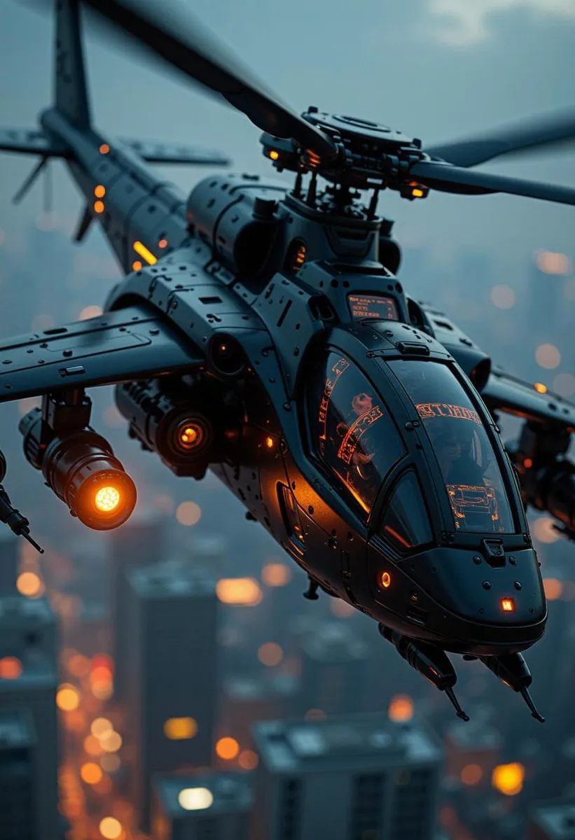 Futuristic helicopter with glowing LEDs flying over a cyberpunk city at night, featuring advanced weaponry and a visible two-man crew.