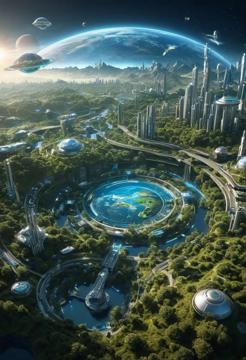 Futuristic city with holograms and advanced technology, Earth 2150.