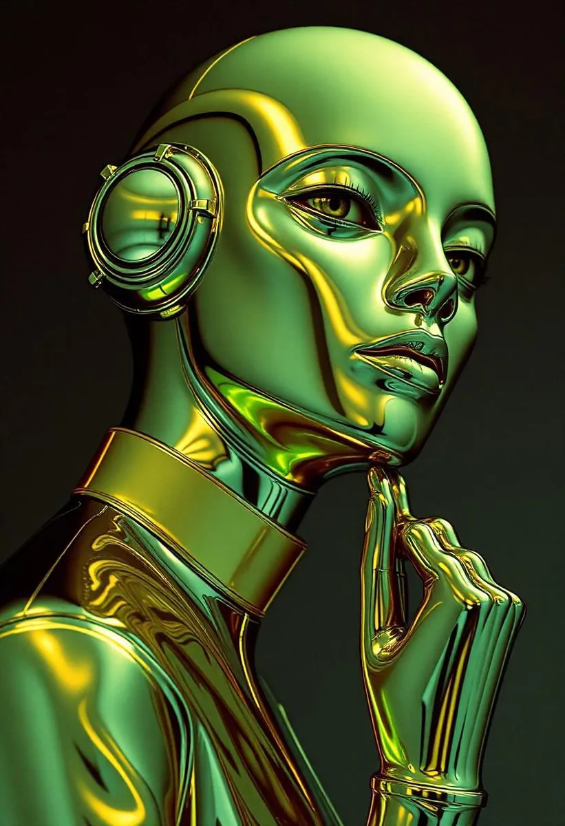 Avant-garde futuristic robot with chrome and gold features, evoking 1970s design.