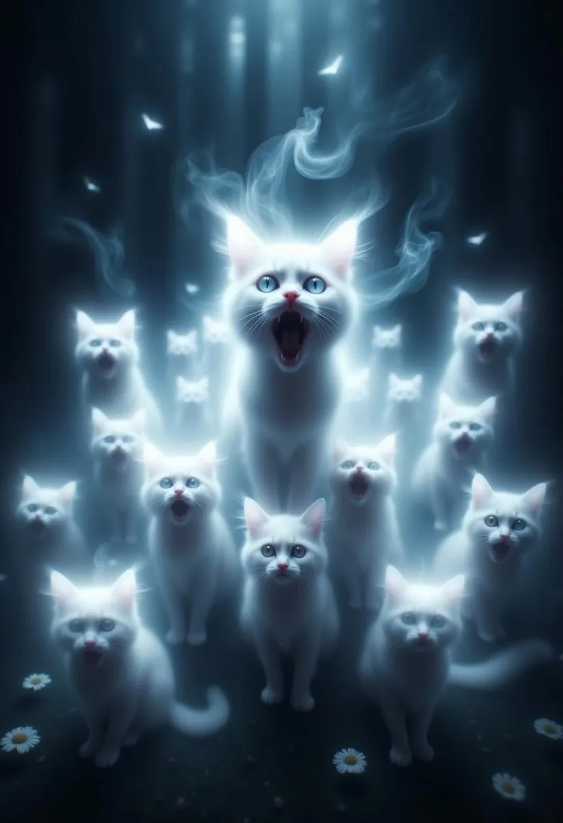 A group of ghostly, translucent kittens meowing and coming towards the viewer in digital art style.