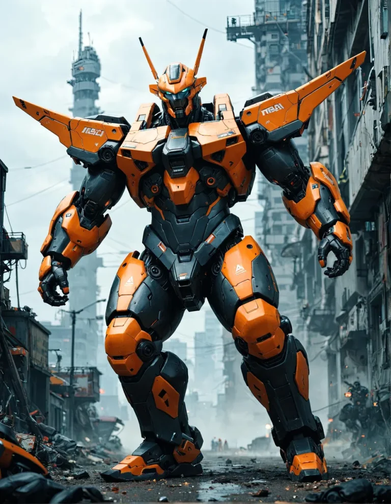 A massive orange and black mecha suit stands ready for battle in a futuristic cityscape.