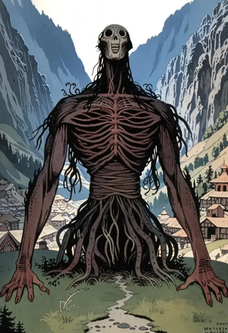 Giant faceless monster with extra limbs in a medieval village setting surrounded by mountains, inspired by art nouveau style.