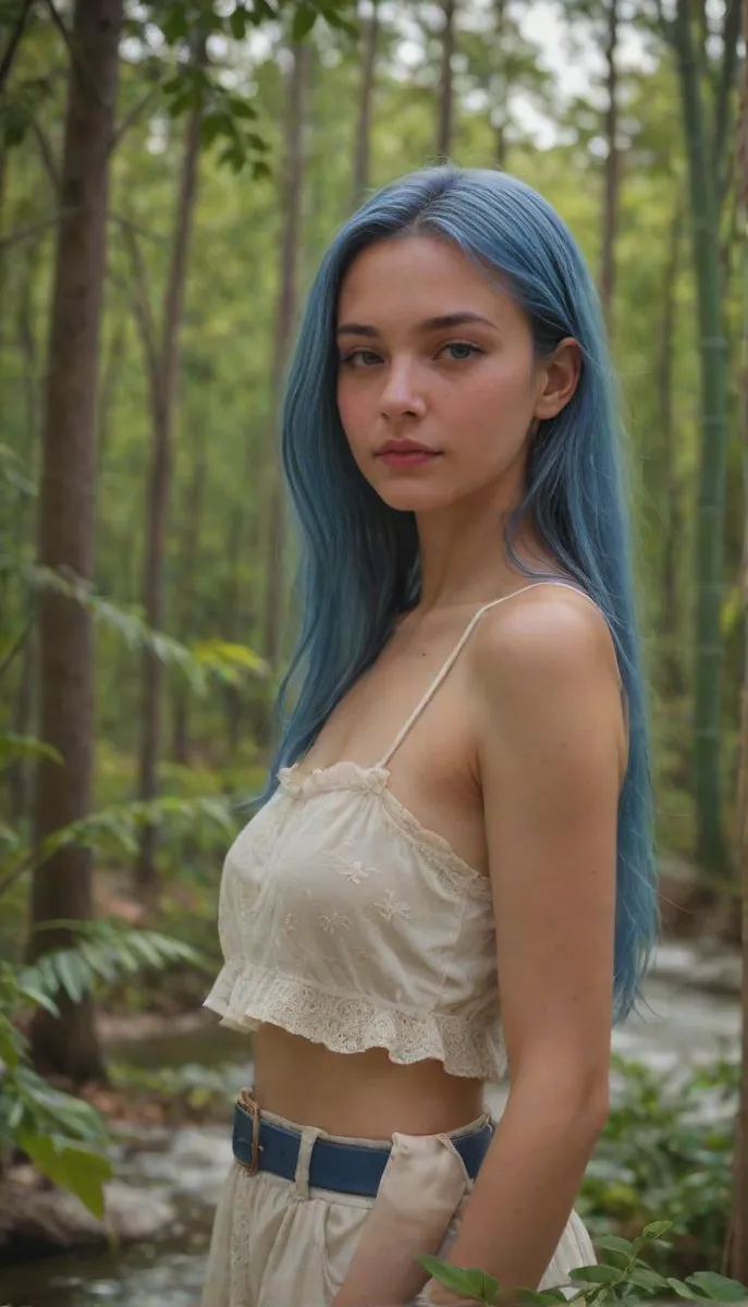 Girl with azure hair and a blue belt in a forest, wearing a delicate top with bare shoulders.