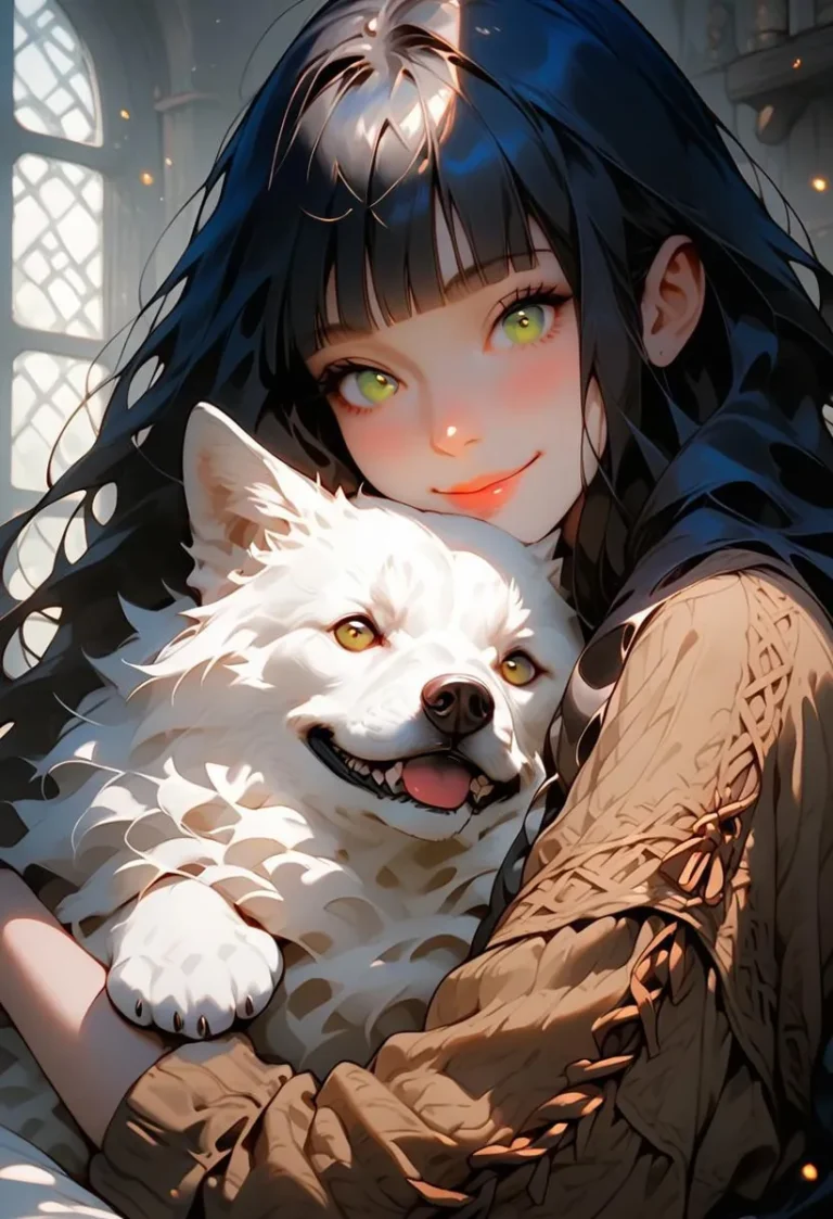 Girl with dark blue hair and green eyes hugging a white wolf in a medieval setting with dim lighting.