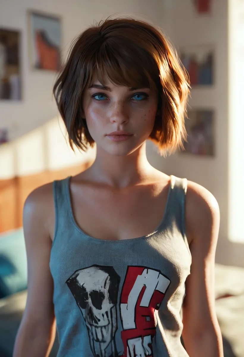 Realistic portrait of a girl with short brown hair, blue eyes, freckles, and a tank top in a cluttered bedroom.