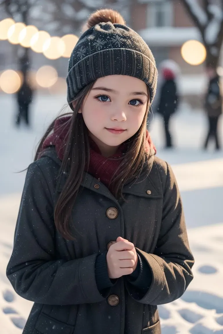 若い女の子が冬のコートと帽子を着て、背景にぼかされた光の中で雪の中に立っています。