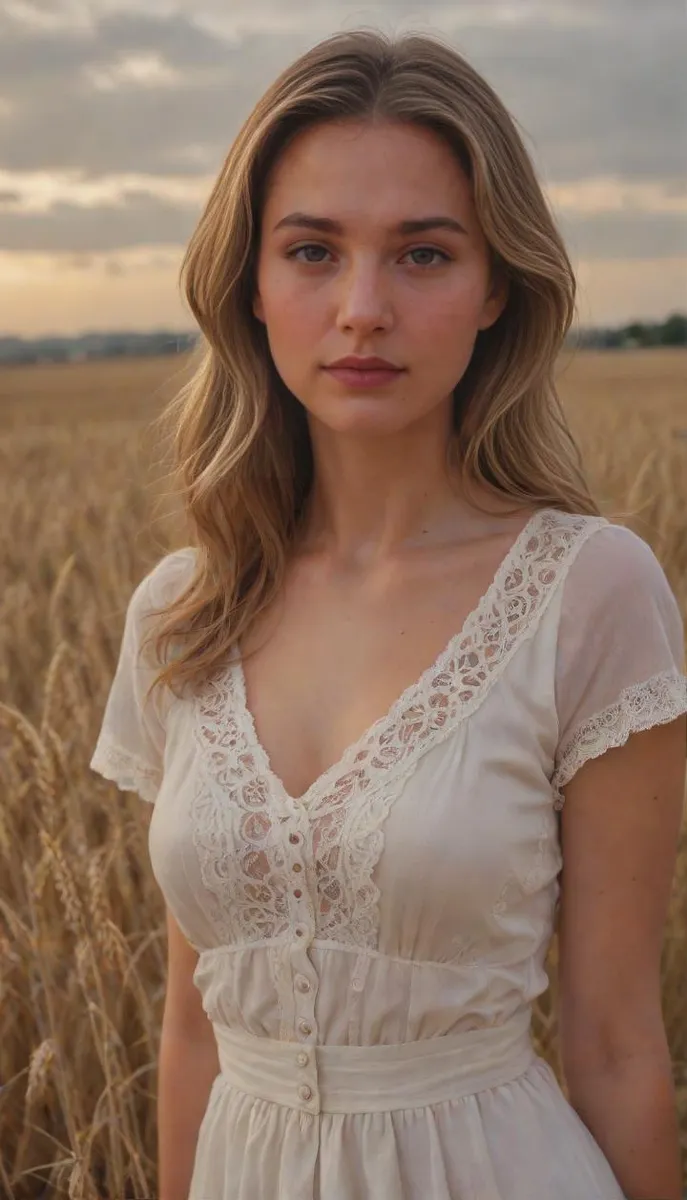 Portrait of a cute girl in a white summer dress in wheat fields with dark storm clouds.