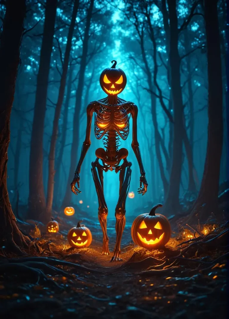 A glowing skeletal being in a haunted forest with jack-o'-lanterns.