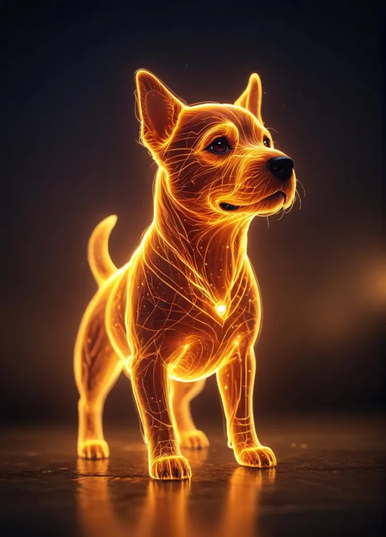 A glowing dog with a futuristic style and vibrant colors, depicted as a detailed 2D icon with a digital screen and AI-powered elements.