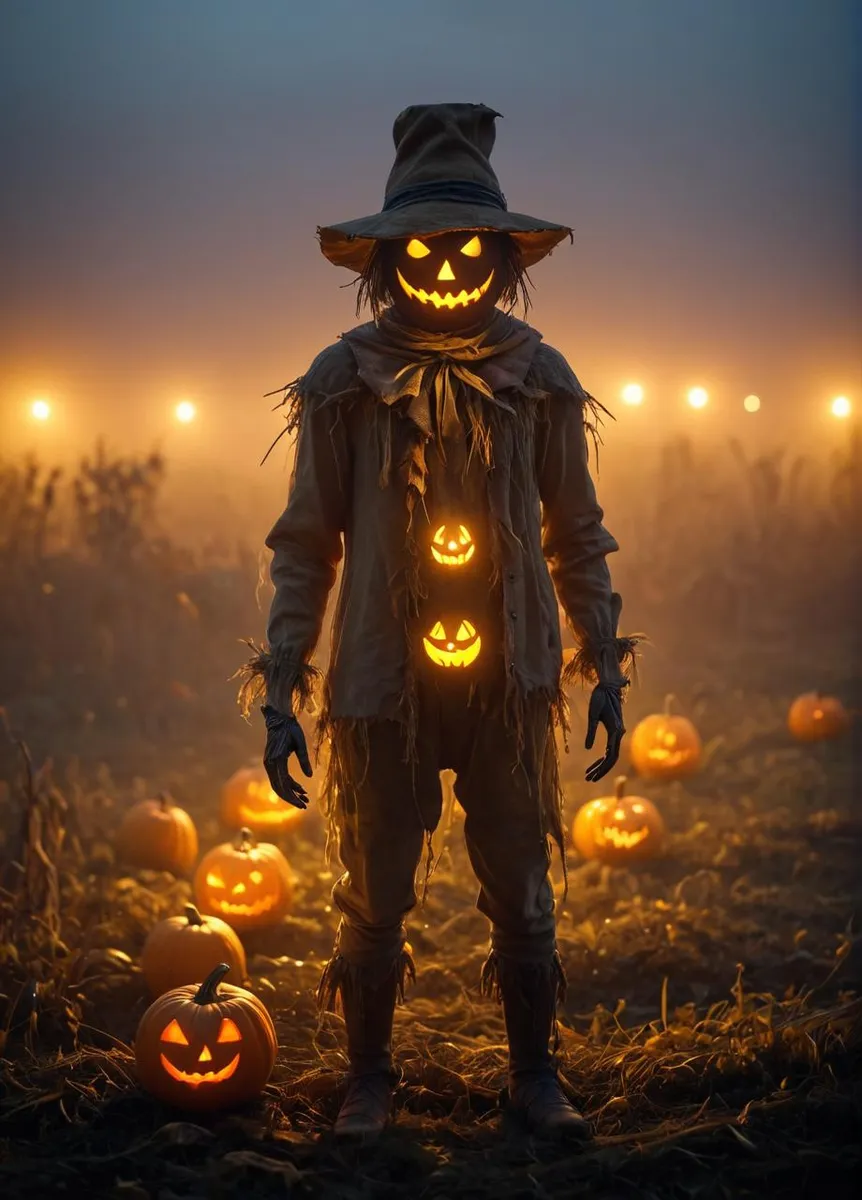 A creepy scarecrow with glowing features stands in a foggy field, surrounded by illuminated pumpkins, captured in a cinematic photo.