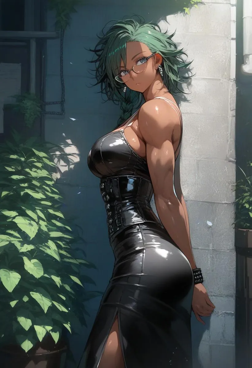 A goth punk teacher with dark green hair and glasses leans against a wall, wearing a leather corset and long skirt, in an alley with plants.