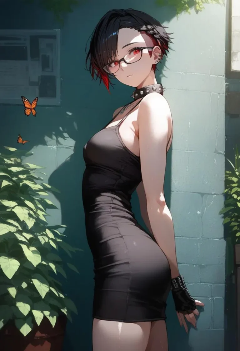 Anime-style goth punk teacher with red eyes and pixie cut, standing in an alley with butterflies and plants.