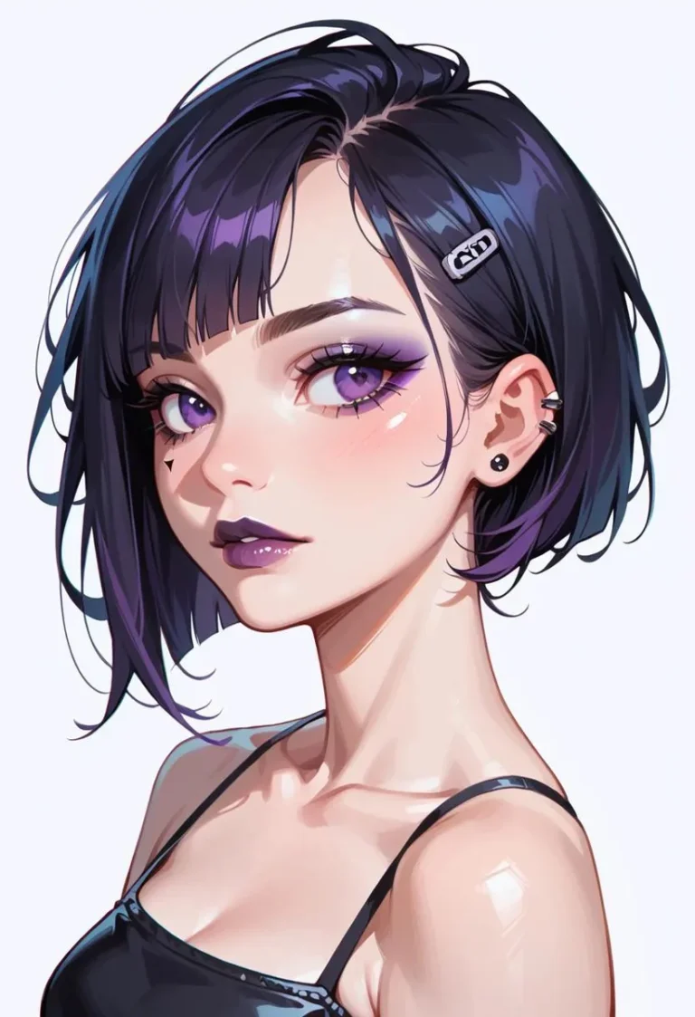 Watercolor portrait of a goth girl with short black hair and dark purple eye makeup, grinning at the camera.