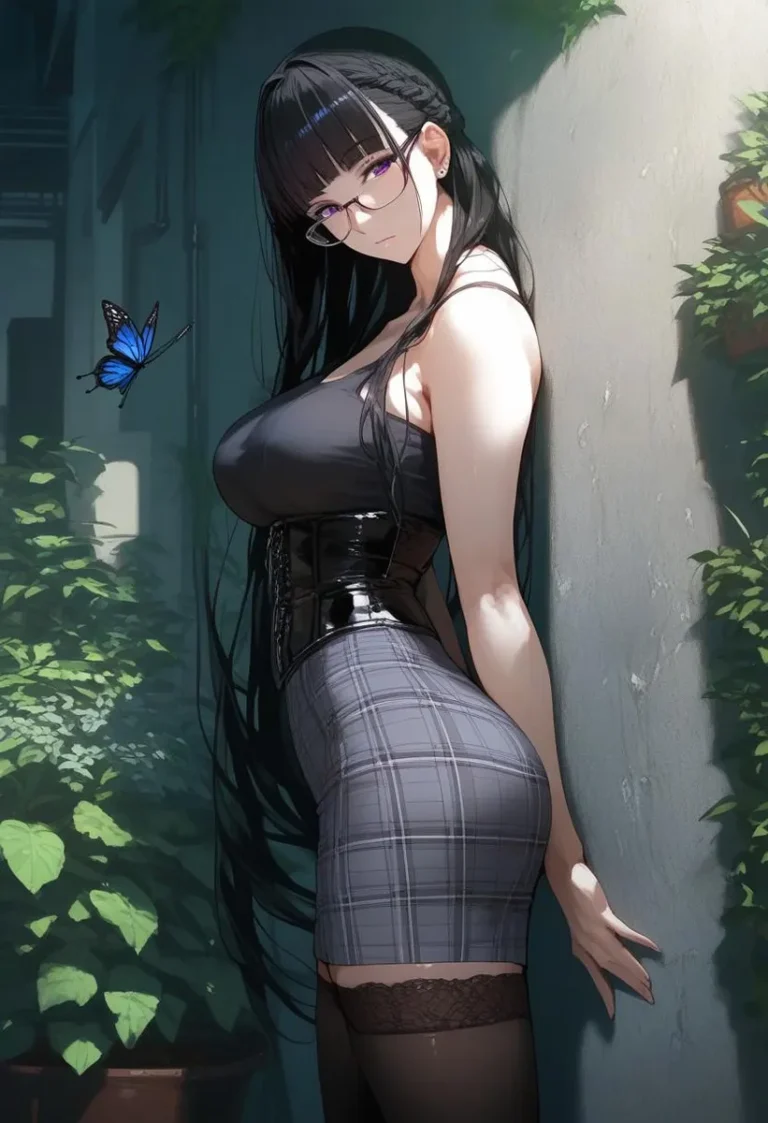 Anime-style goth punk teacher with purple eyes and long black hair, wearing a corset top and plaid skirt, standing in an alley with a butterfly.