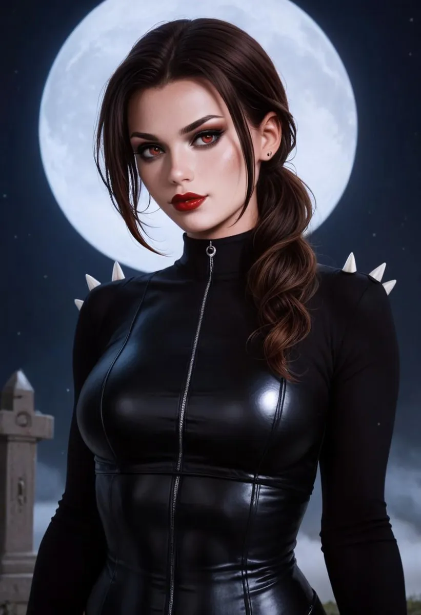 Portrait of a gothic vampire woman with pale skin, deep red lips, and black hair, in a spiked leather outfit under a full moon.