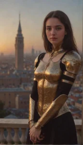 Girl in gold ornate armor with medieval and cyberpunk elements in a cityscape.