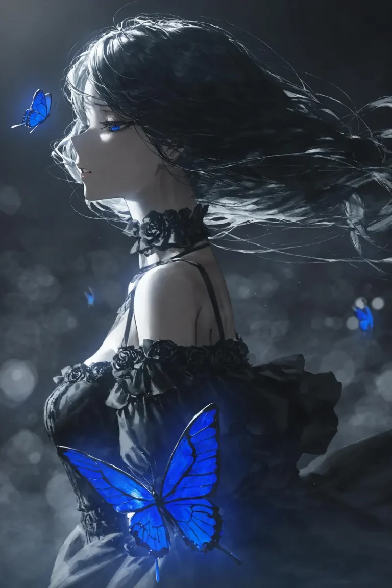 A gothic-themed portrait featuring a woman with floating hair and a blue butterfly, set in a monochrome color scheme with dark and blue accents.