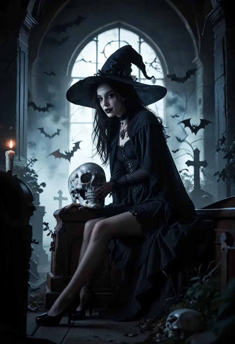 A gothic witch sitting on a coffin in a cemetery, holding a skull with glowing lights, surrounded by candles, tombstones, and flying bats.