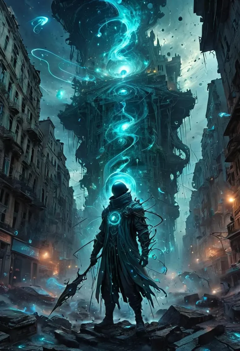 A cosmic figure with glowing stars and a staff in a crumbling, graffiti-filled cityscape.