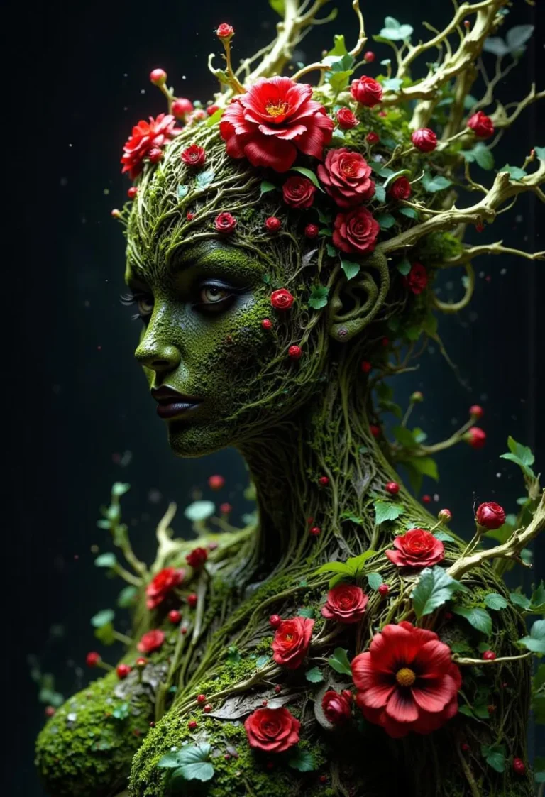 A hyper-realistic female figure made of grass and red flowers, rendered in 3D with dramatic lighting and vibrant colors.