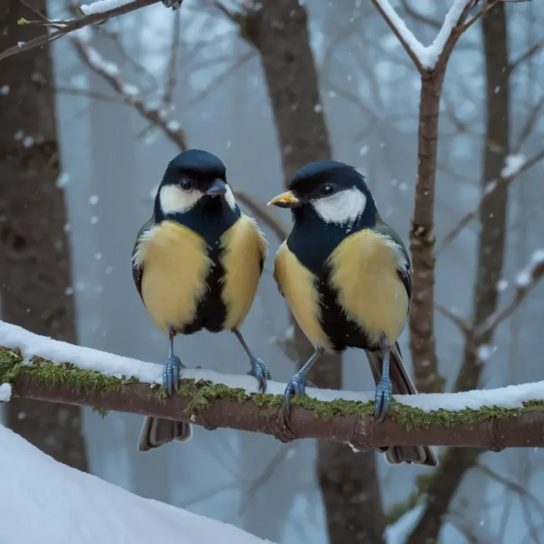 冬の間、雪の枝にとまっている2羽のシジュウカラ。