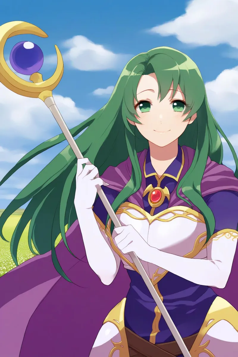 A girl with green hair and eyes, wearing a purple cape and an armored dress, smiles happily while holding a staff against a blue sky.