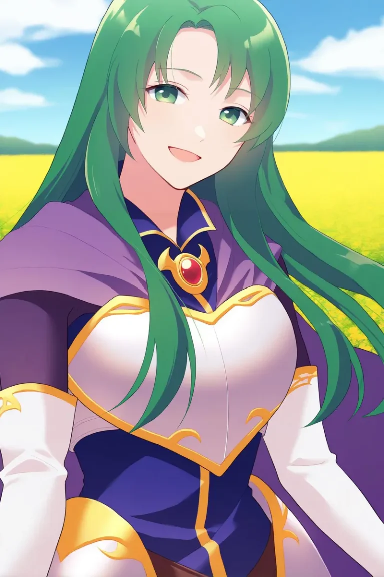 Anime girl with green hair, purple cape, armored dress, smiling against a blue sky and field background.