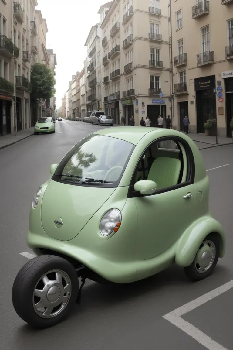 都市の通りに駐車された三輪の未来的な緑色のバブルカー。