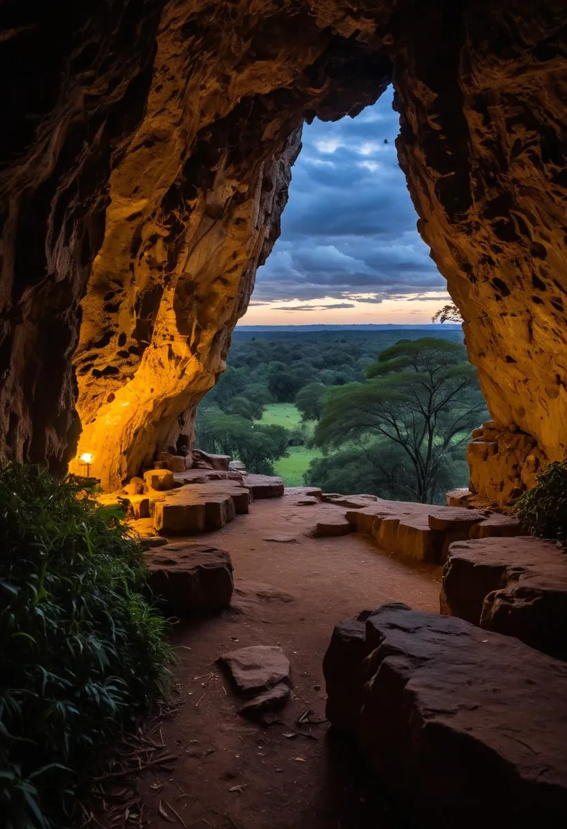 A landscape view from inside a mythical grotto at twilight, featuring dynamic cold lighting and a cloudpunk atmosphere.