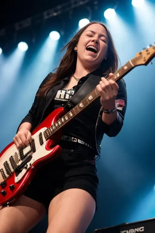 ステージ上で感情に溢れ、頭を振りながら情熱的に演奏する女性ギタリスト。