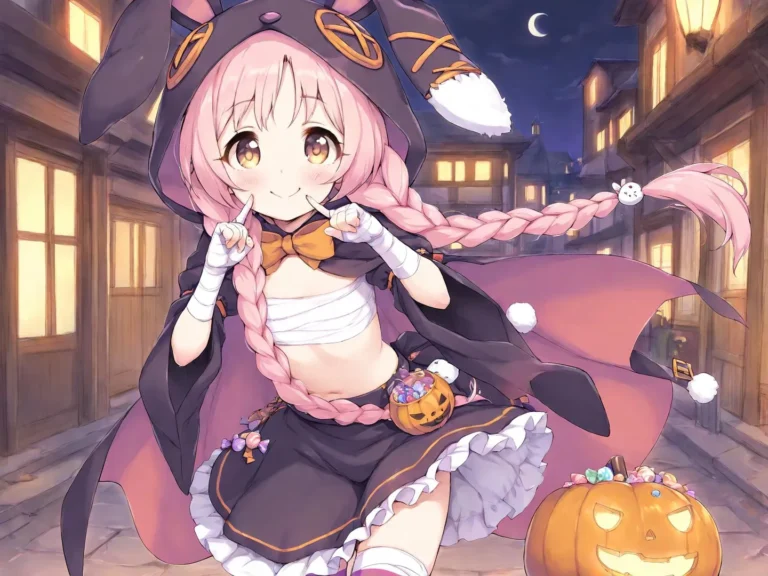 Anime girl in a Halloween costume with rabbit ears and pink hair, smiling with raised index fingers, surrounded by jack-o'-lanterns and candy.