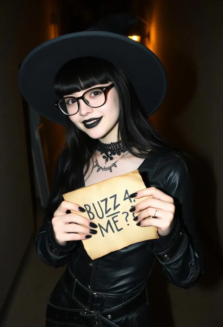 Goth girl in a black witch outfit holding a parchment in a dimly lit alley.