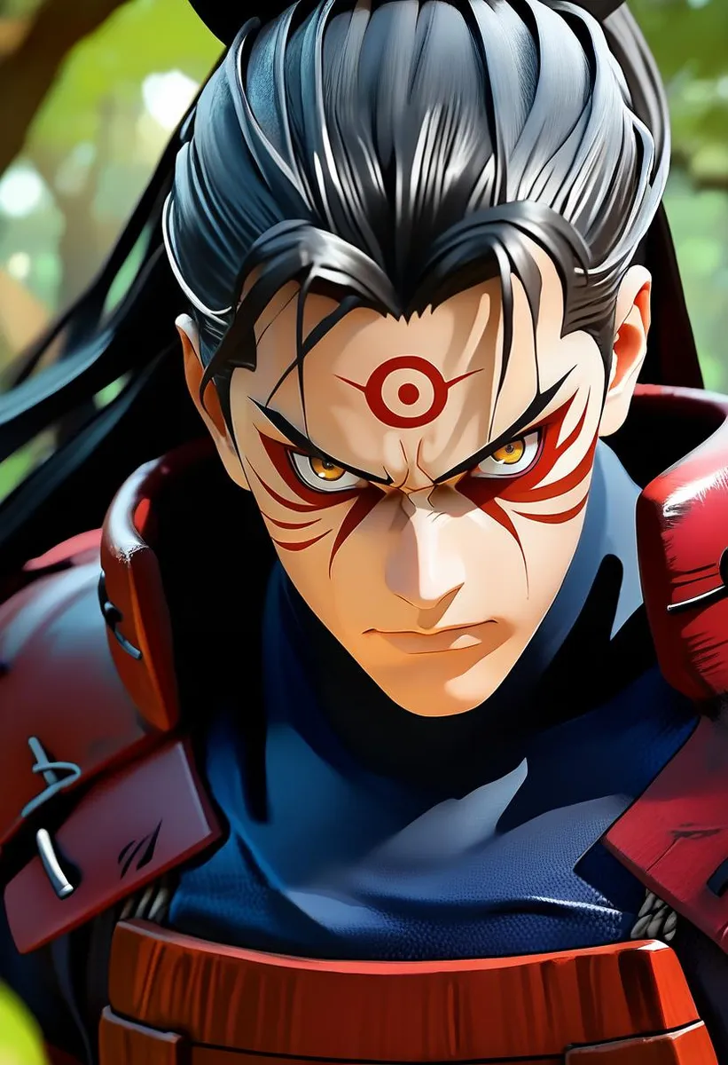 Anime portrayal of Hashirama Senju with armor in a forest, featuring facial marks and an intense expression.