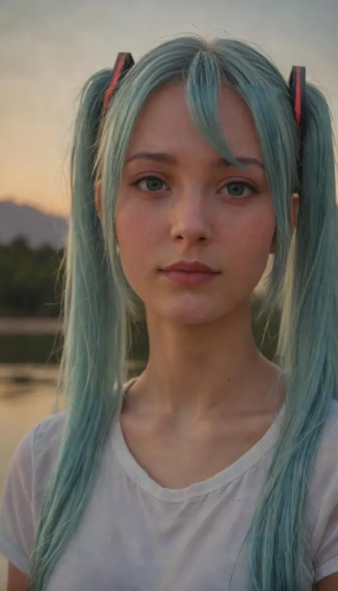 A portrait of a woman with long turquoise pigtails, a light smile under moonlight, with a night lake in the background.