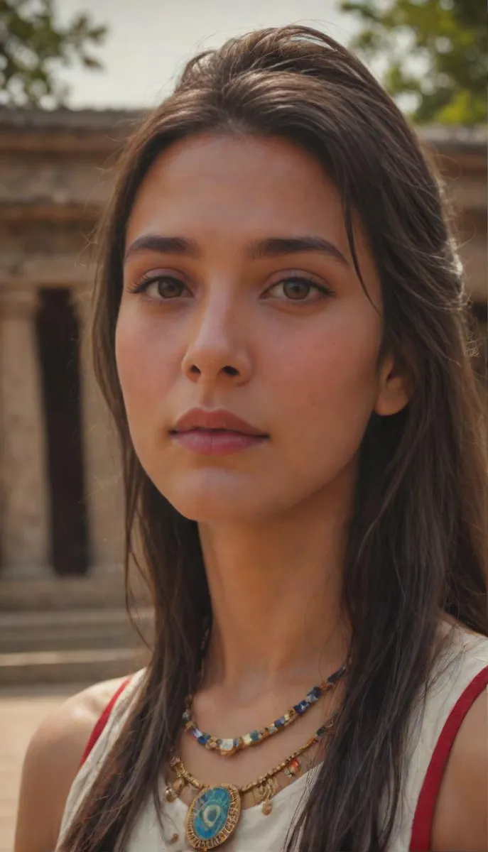 Portrait of a cute girl resembling a Hindu goddess, with a curious expression against a Hindu temple background, in high detail.