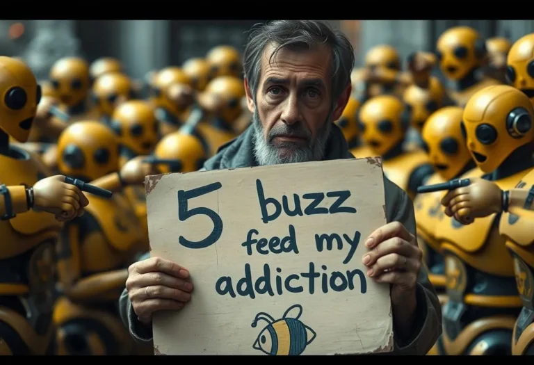 A wise yet frazzled homeless man, holding a worn sign with '5 buzz to feed my addiction' surrounded by bee-colored robots pointing at him.