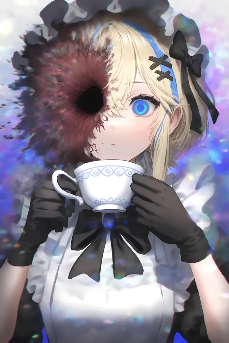 A horror-themed maid with a hole in her face, holding a teacup with glitch effects.