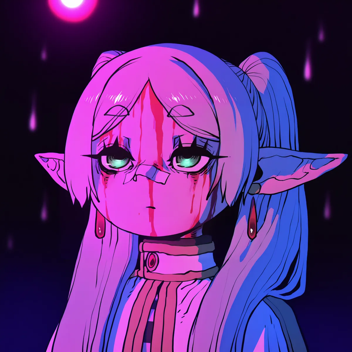 A dark, pastel concept art depicting a girl with green eyes and grey hair, featuring chromatic aberration and dissolving effects.