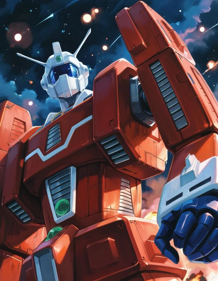 Red Ideon ponyXL robot looking at viewer against a starry sky.