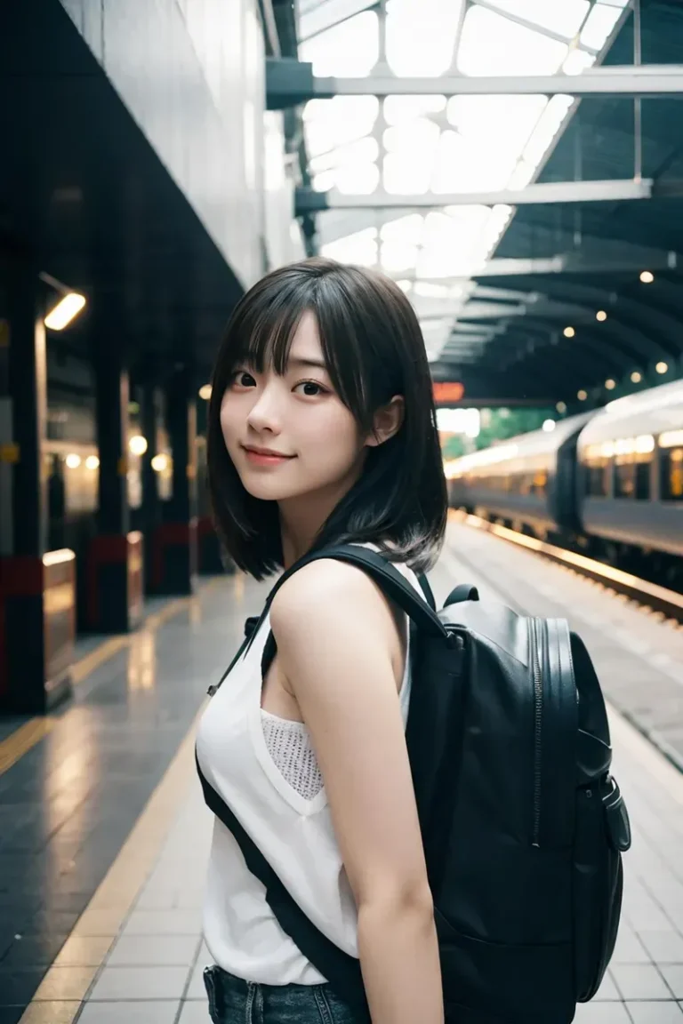 日本のアイドルがバックパックを背負い、駅に立って優しい微笑みを浮かべている。