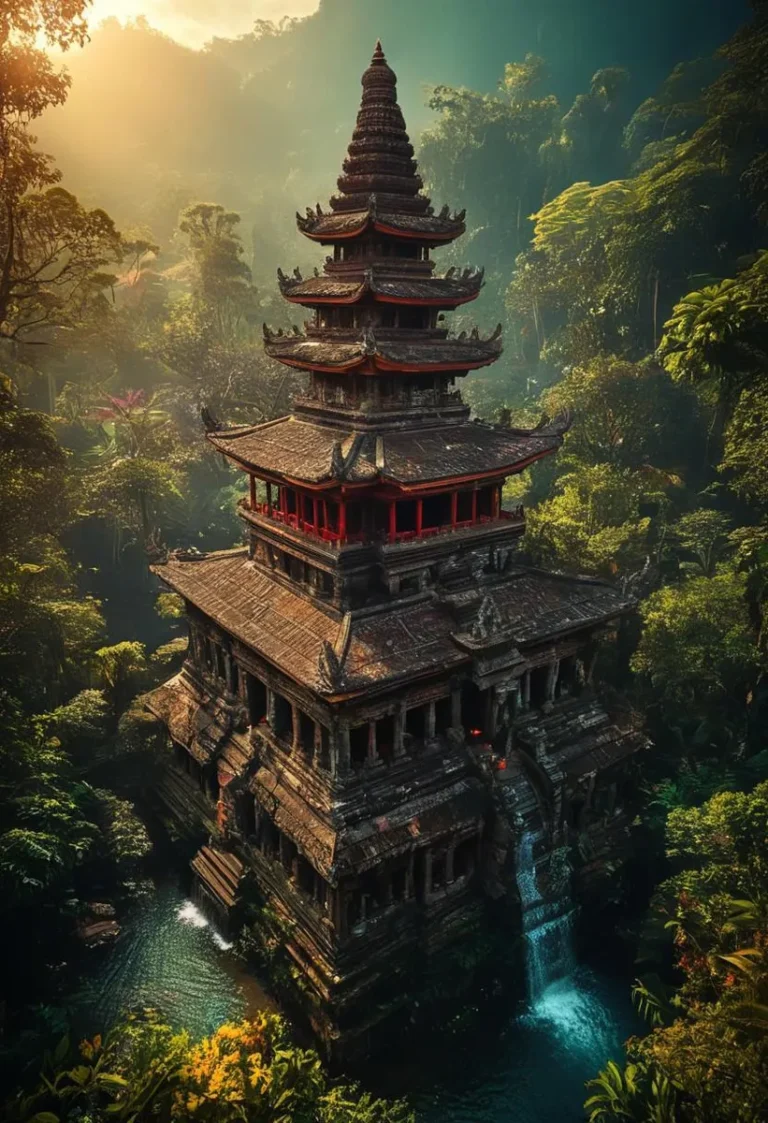 Photorealistic image of a huge Indonesian temple in a vibrant jungle setting, showcasing intricate details and dynamic lighting.