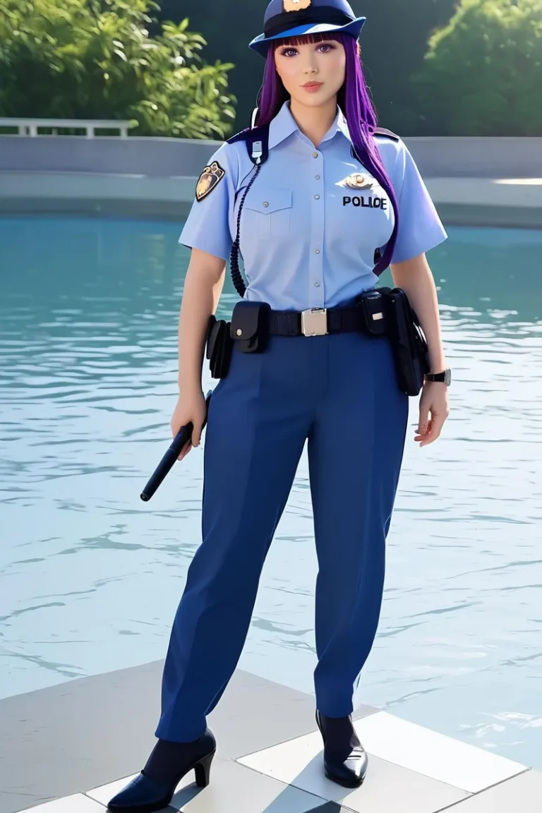 A detailed image of a Japanese policewoman with long purple hair and purple eyes, wearing a police uniform, standing by the water.