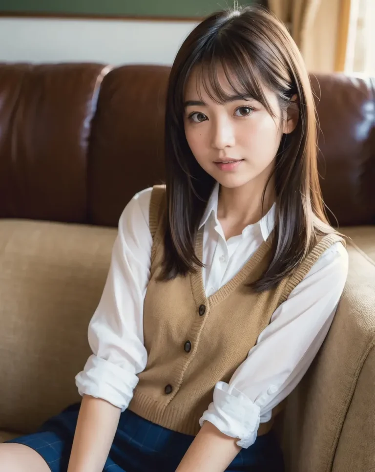 茶色の目をした日本人の少女が、制服を着てソファに座っているフォトリアルな画像。