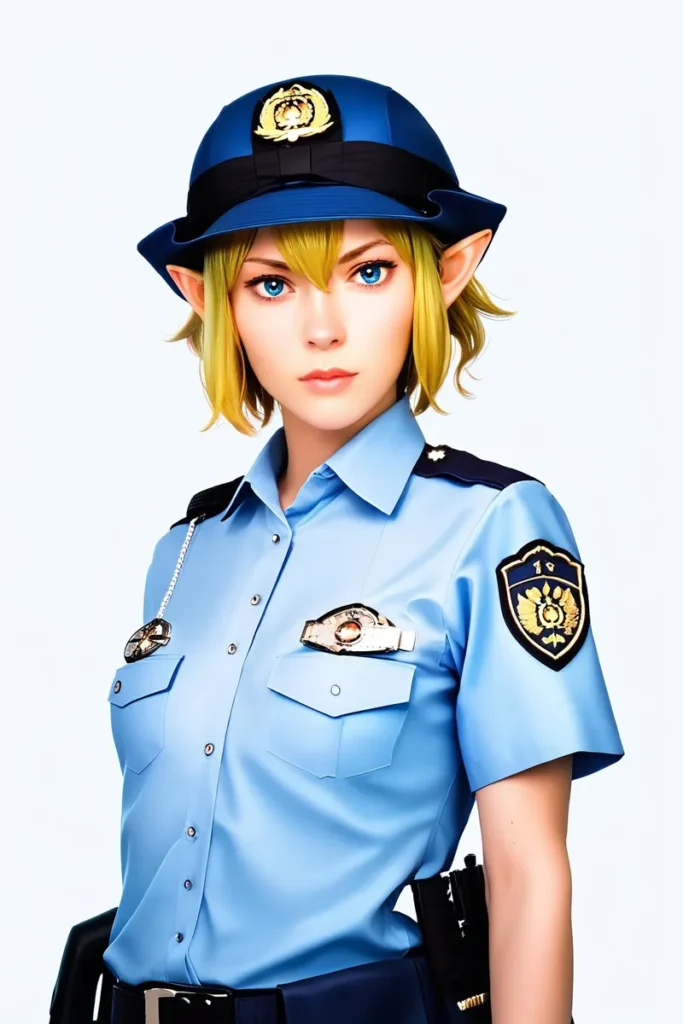 Anime-style japanese policewoman with blonde hair and blue eyes in uniform.