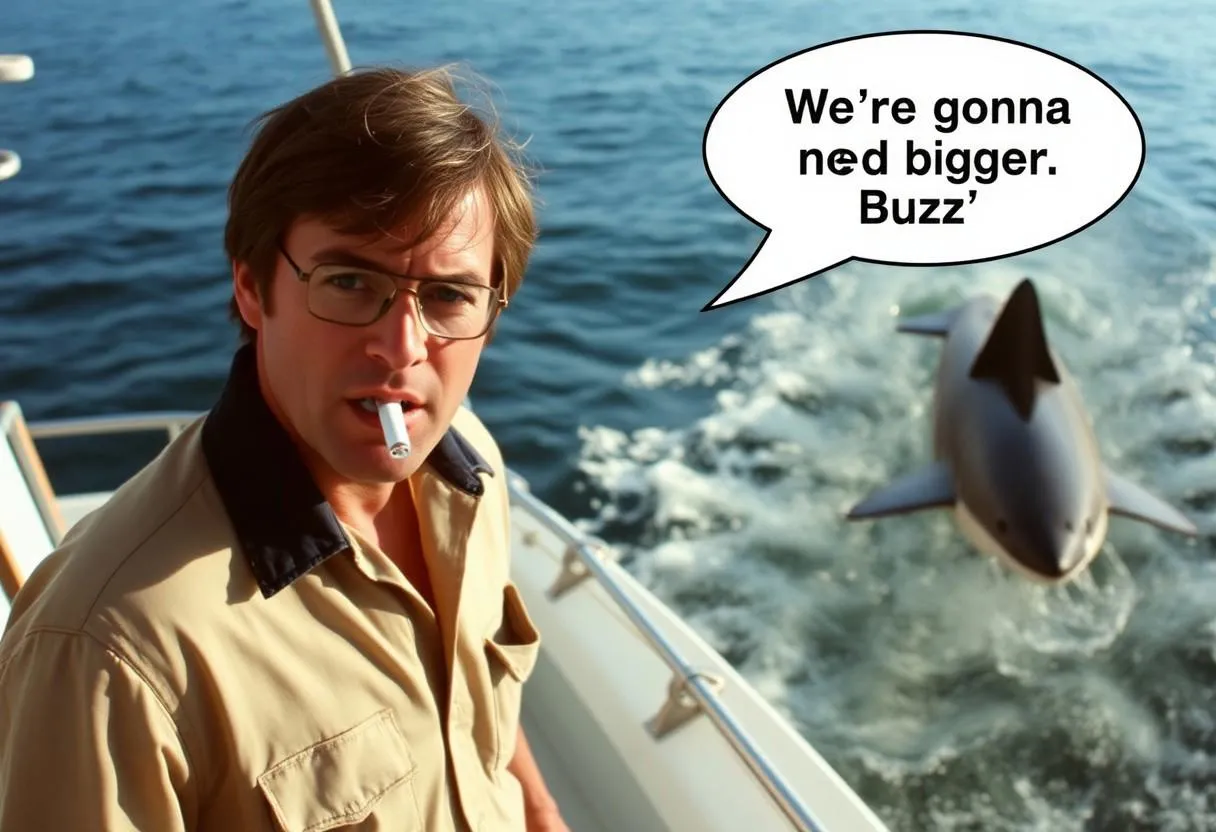 Chief Brody on a fishing boat with a great white shark in the water, parody with a speech bubble - 'We're gonna need bigger Buzz.'