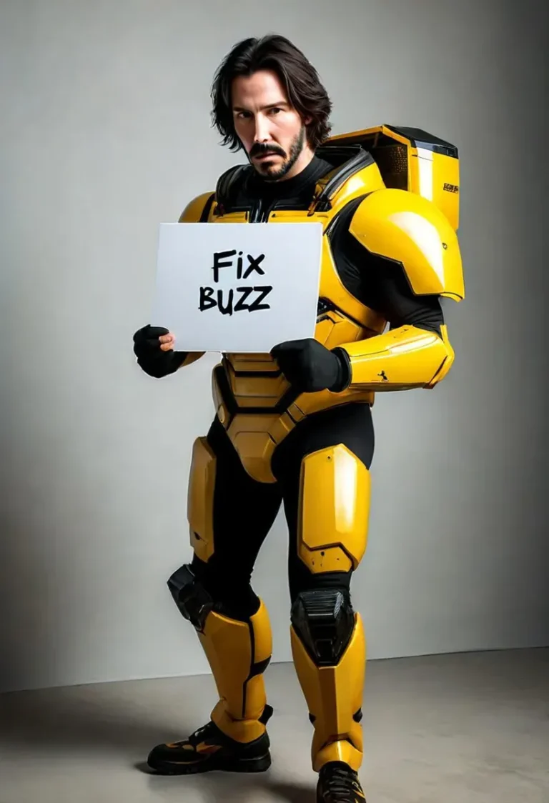 『Fix Buzz』と書かれたサインを持つバンブルビーのコスチュームを着たキアヌ・リーブスの詳細な写真。